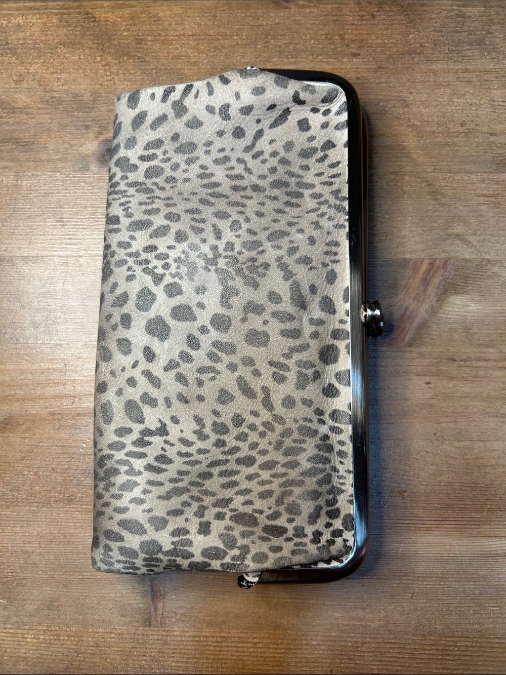 HOBO Lauren Leopard-Print Frame Clutch in Cream and Black, 8.5”x4.5”x1”
